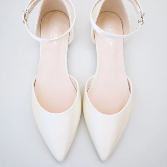 Kailee P Satin Pointy Toe Flats with Ankle Strap - Ivory Satin - Picture 1 of 4